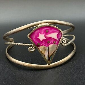 Vtg Alpaca Mexico Shooting Star Cuff Bracelet Pink Inlay Abalone Celestial Boho